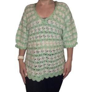 Mint Green Crochet Lace Knit Top V-Neck Scalloped Hem Boho Cottagecore Small-M